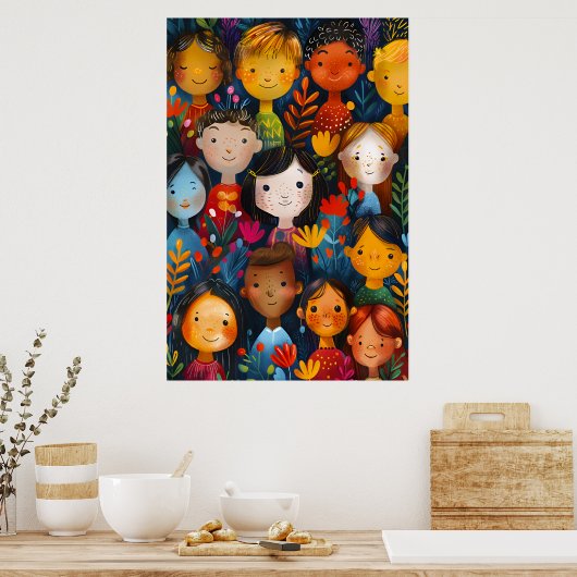 Diverse Happy Children Floral Pattern Illustration Poster (Küche)