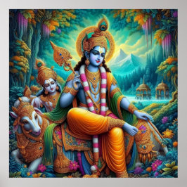 Divine Blue Spiritual Krishna Art Poster