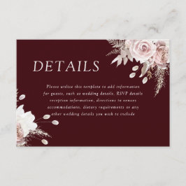 Divine Blush Floral Deep Burgundy Wedding Details Begleitkarte