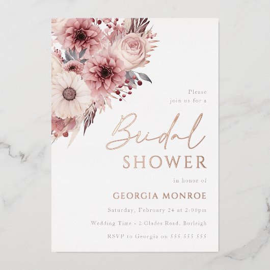 Divine Boho Blush Brautparty Rose Gold Folieneinladung (Vorderseite)