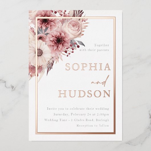 Divine Boho Blush Wedding Rose Gold Border Folieneinladung (Vorderseite)