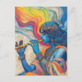 Divine Lord Krishna Playing Flute Surreal Rainbow Postkarte