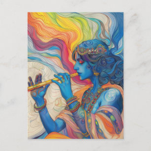 Divine Lord Krishna Playing Flute Surreal Rainbow Postkarte