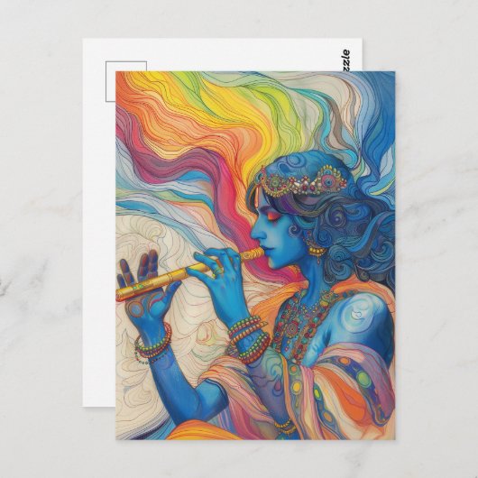 Divine Lord Krishna Playing Flute Surreal Rainbow Postkarte (Vorne/Hinten)