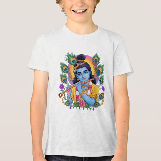 Divine Lord Krishna Playing Flute with Peacock Fea Tri-Blend Shirt (Vorderseite)