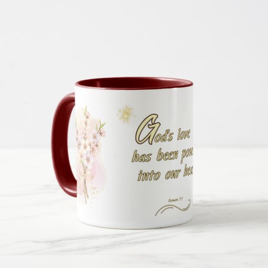Divine Love Mug: 'Romans 5:5 Bible Verse Design Tasse (Vorderseite Links)