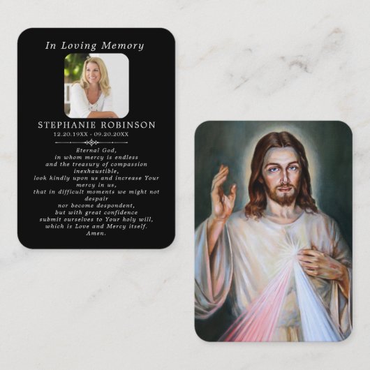 Divine Mercy Catholic Funeral Black Prayer Card Visitenkarte (Vorne/Hinten)