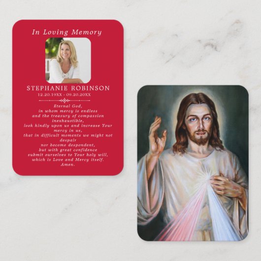 Divine Mercy Catholic Funeral Red Prayer Card Visitenkarte (Vorne/Hinten)