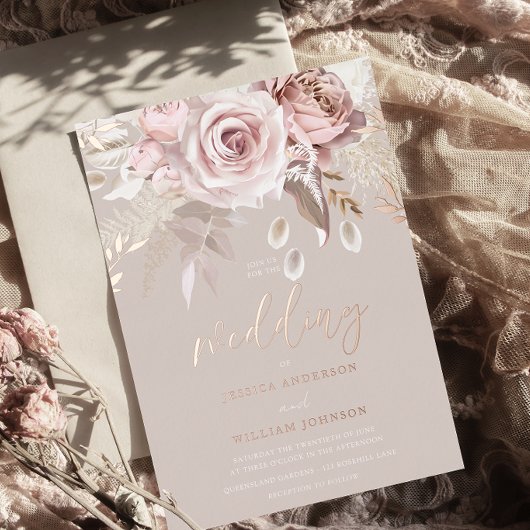 Divine Rose Gold Blush Floral Pure Elegant Wedding Folieneinladung