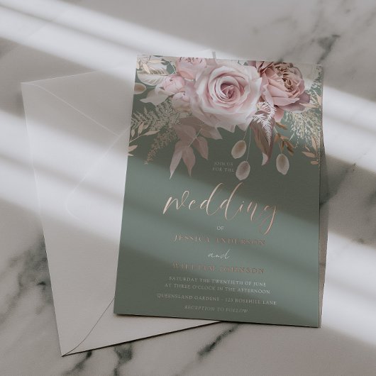 Divine Rose Gold Blush & Sage Floral Wedding Folieneinladung