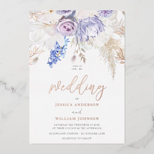 Divine Rose Gold Lila Lavendel Blumenhochzeit Folieneinladung (Vorderseite)