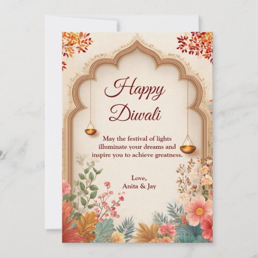 Diwali Beige Floral Arch Lamp Diyas Gruß Einladung (Vorderseite)