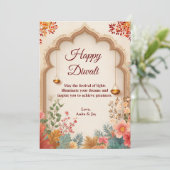 Diwali Beige Floral Arch Lamp Diyas Gruß Einladung (Stehend Vorderseite)