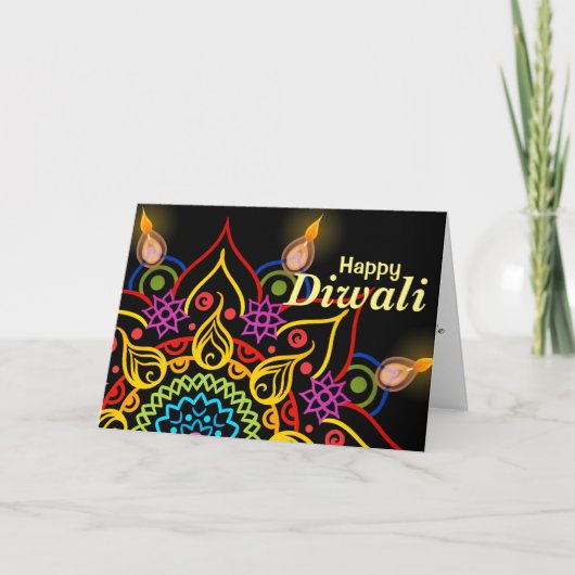 Diwali Blume Rangoli mit hellen Öllampen Karte (Vorderseite)