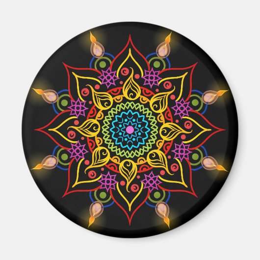 Diwali Blume Rangoli mit Öllampen Magnet (Vorne)