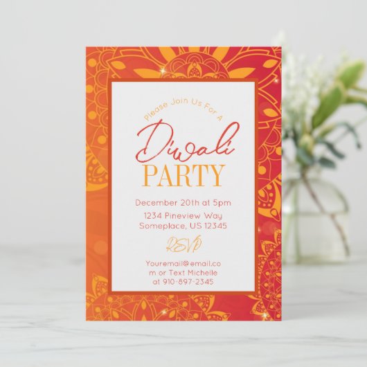 Diwali Colorful Bright Orange Party Einladung (Stehend Vorderseite)