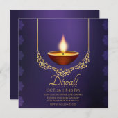 Diwali Deep Lila Diya Gold Trim Einladung (Vorne/Hinten)