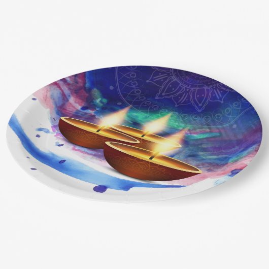 Diwali Diyas Blue Paint Wash Pappteller (Schrägansicht)