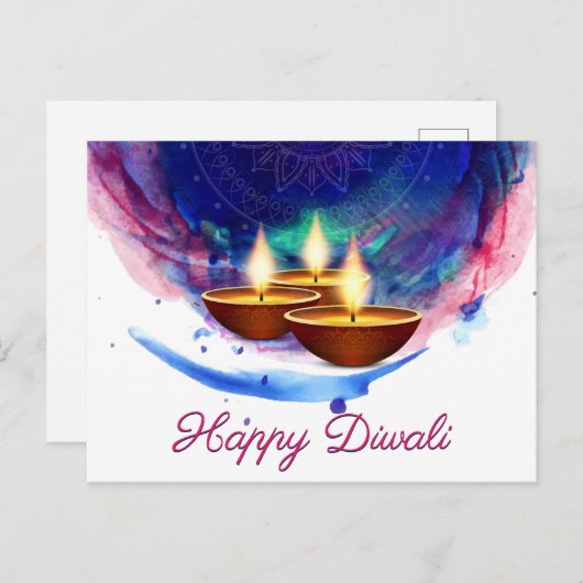 Diwali Diyas Blue Paint Wash Postkarte (Vorne/Hinten)