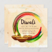 Diwali Diyas Watercolor Circle Einladung (Vorne/Hinten)
