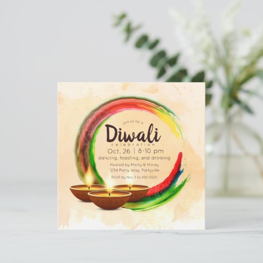 Diwali Diyas Watercolor Circle Einladung (Stehend Vorderseite)