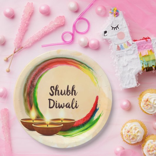Diwali Diyas Watercolor Circle Pappteller (Party)