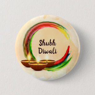 Diwali Diyas Watercolor Rainbow Circle Button
