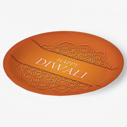 Diwali Elegant Modern Orange Yellow Mandala 9" Pappteller (Schrägansicht)