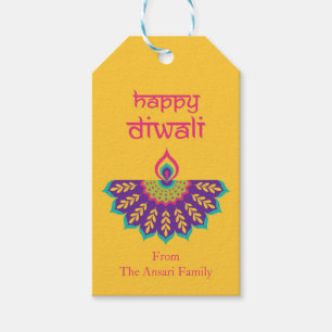 Diwali-Geschenk-Tag mit Diya-Illustration in Gelb Geschenkanhänger
