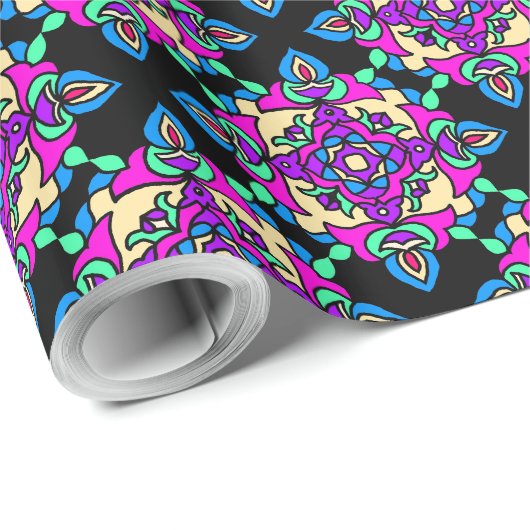 Diwali Giftwrap Pink, Blau, Black Rangoli Muster Geschenkpapier (Rolleneckpunkt)