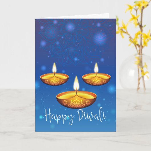 Diwali Gruß mit Lampen, Blue Background Bokeh Karte (Gelbe Blume)