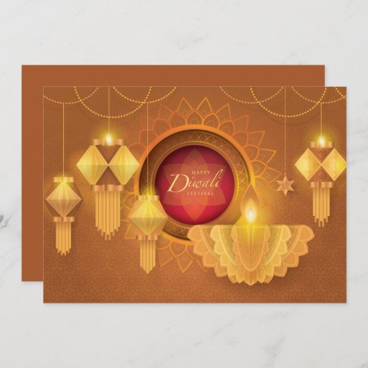 Diwali Papercut Deepa & Lanterns, Gold Einladung (Vorne/Hinten)