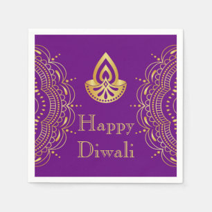 Diwali Papierserviette in Lila u. im Gold Diya