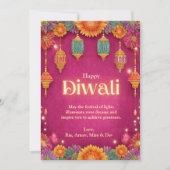 Diwali Pink Festivals Blume Lampe Lights Begrüßung Einladung (Vorderseite)