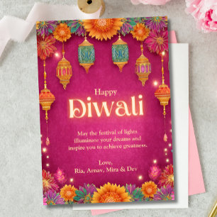 Diwali Pink Festivals Blume Lampe Lights Begrüßung Einladung