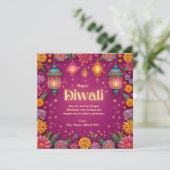 Diwali Pink Festive Blume Lamp Gruß Einladung (Stehend Vorderseite)