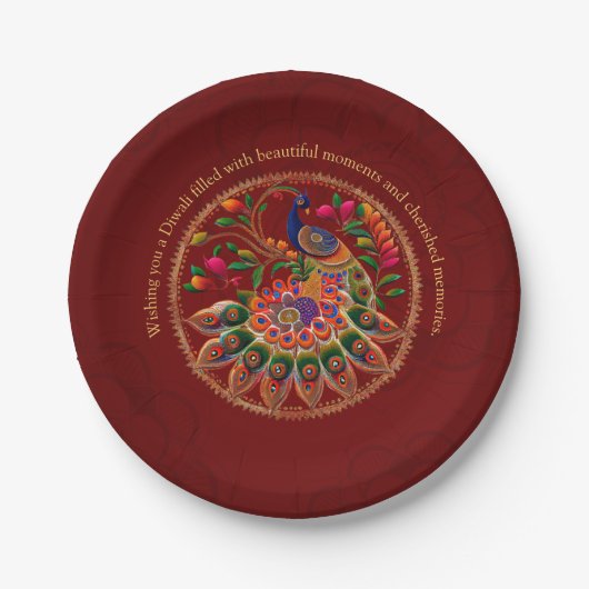 Diwali Red Gold Colorful Peacock Personalisiert Pappteller (Vorderseite)
