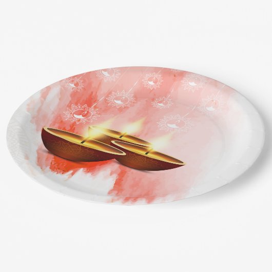 Diwali Red Watercolor mit Diyas Pappteller (Schrägansicht)