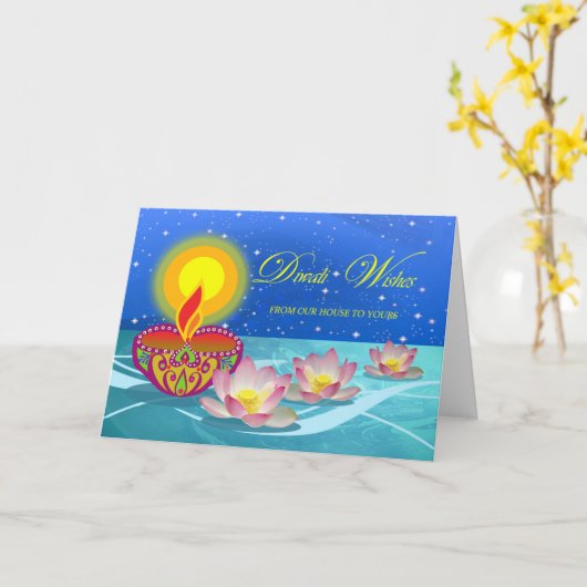 Diwali wünscht von unserem Haus zu Eurer, Diya, Lo Karte (Gelbe Blume)