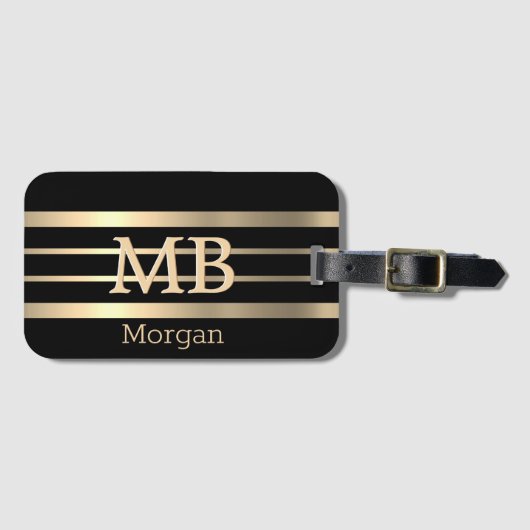 DIY 3-D Gold Monogramm/Name, Bk/Gold Streifen, sch Gepäckanhänger (Vorderseite (Horizontal))