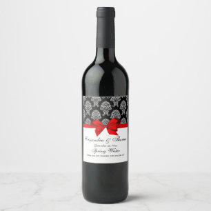 DIY BG Vintag White Damask #6 auf Black, Red Bow Weinetikett
