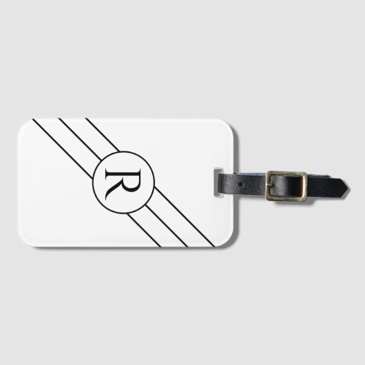 DIY Black Monogram in Circle, Diagonal Lines White Gepäckanhänger (Vorderseite (Horizontal))