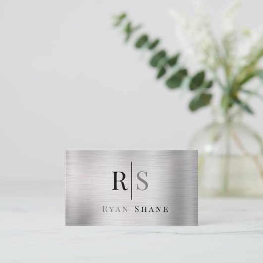 DIY Blk & Gray Monogram & Name, gebürstetes Silber Visitenkarte (Stehend Vorderseite)