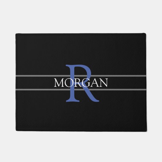 DIY Blue Monogram, White Name, Black, Grau Streife Fußmatte (Vorderseite)