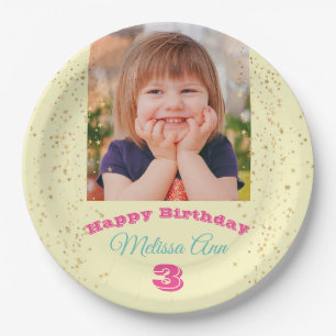 DIY Child's Foto/Name, Happy B'day Stars Bale Yel Pappteller