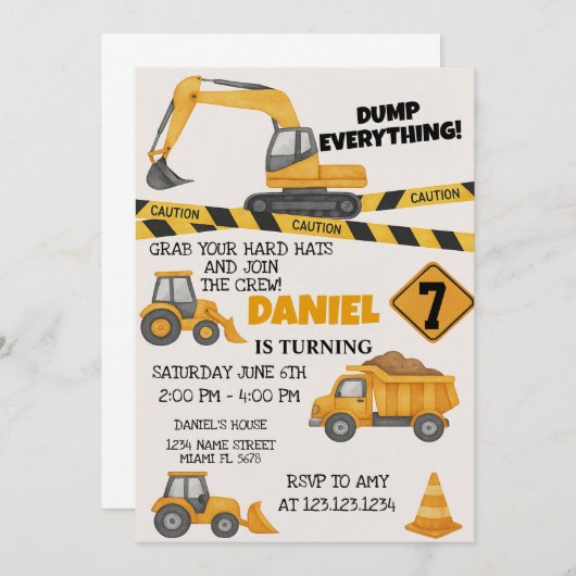 DIY Construction Birthday Einladungen (Vorne/Hinten)