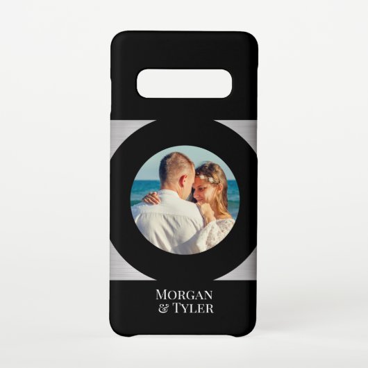 DIY Couple's Foto & Names Blk Circle Silver Black Samsung Galaxy Hülle (Rückseite)