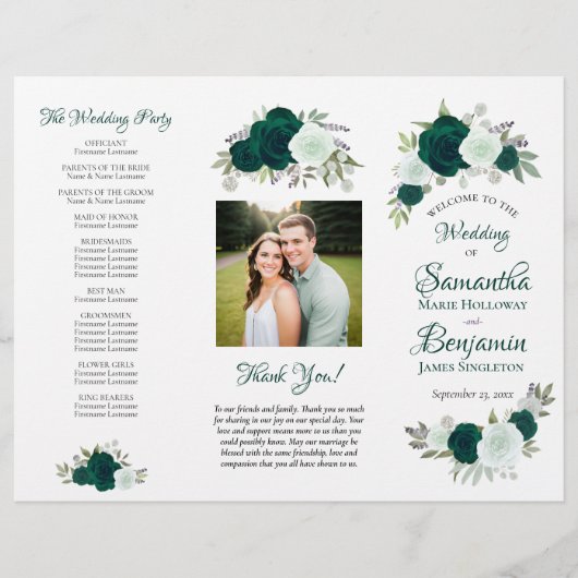 DIY-Falt Hochzeitsprogramm Emerald Boho Rosen (Vorne)