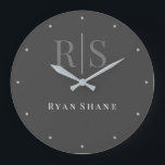 DIY Grey Monogram/White Name, Dark Grey, Hour Dots Große Wanduhr<br><div class="desc">Personalize this elegant design with grey monogram and white name on Dark Grey background with hour dots. Click “Customize” to change colors and type styles.</div>