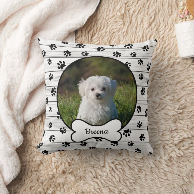 DIY Hund Foto Circle Name Bone Black Paws Rustikal Kissen (Decke)